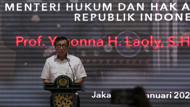Menteri Hukum dan HAM, Yasonna H. Laoly di acara Deklarasi Resolusi Pemasyarakatan 2020 di Lapas Narkotika IIA Jakarta, Kamis (16/1). Foto: Nugroho Sejati/kumparan