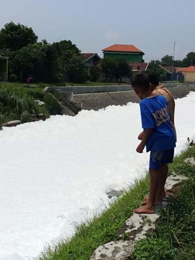 Permukaan sungai di Desa Sumput, Kecamatan Sidoarjo, Kabupaten Sidoarjo, tertutup busa putih pada Sabtu (18/1). Foto: ANTARA/Indra