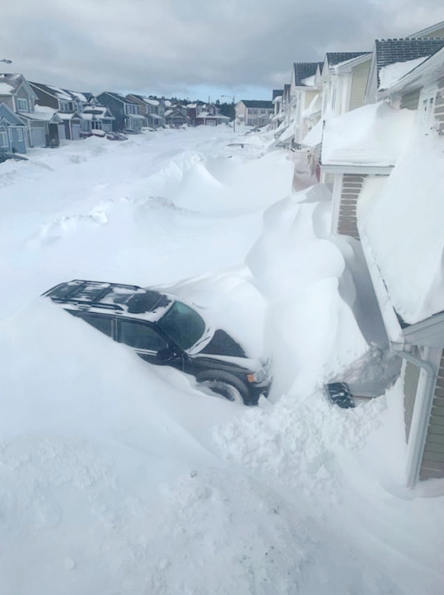 Tumpukan salju menutupi rumah-rumah dan mobil di St John's, Newfoundland And Labrador, Kanada 18 Januari 2020. Foto: J. David Mitchell/via REUTERS