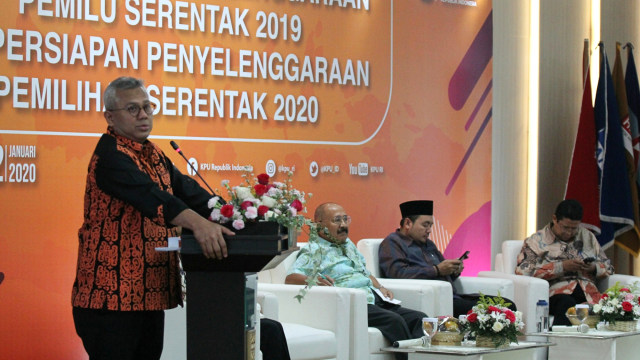 Ketua KPU, Arief Budiman, pada Refleksi Pemilu 2019 dan Persiapan Pemilu 2020 di Ruang Sidang KPU, Jakarta, Rabu (22/1/2020). 
 Foto: Nugroho Sejati/kumparan