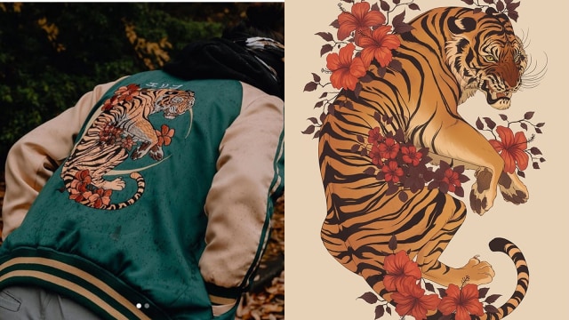 (kiri) jaket sukajan Erigo dan (kanan) ilustrasi karya Nora Potwora dok Twitter @NoraPotwora