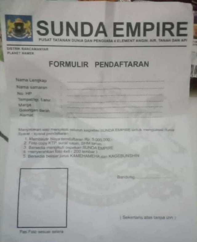 Diduga formulir pendaftaran anggota Sunda Empire. Foto: Dok. Istimewa