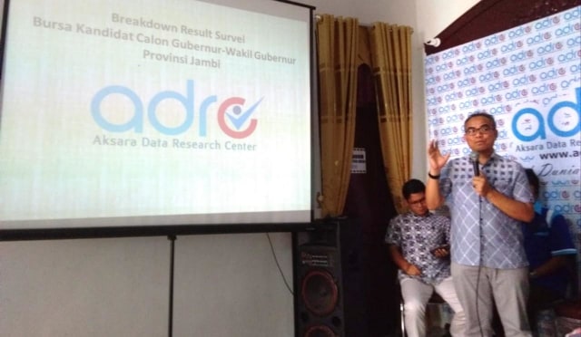 Lembaga Survei Aksara Data Research Center (ADRC) sampaikan Elektabilitas dan Popularitas 6 Bakal Calon Gubernur Jambi 2020. Foto: Bahara Jati