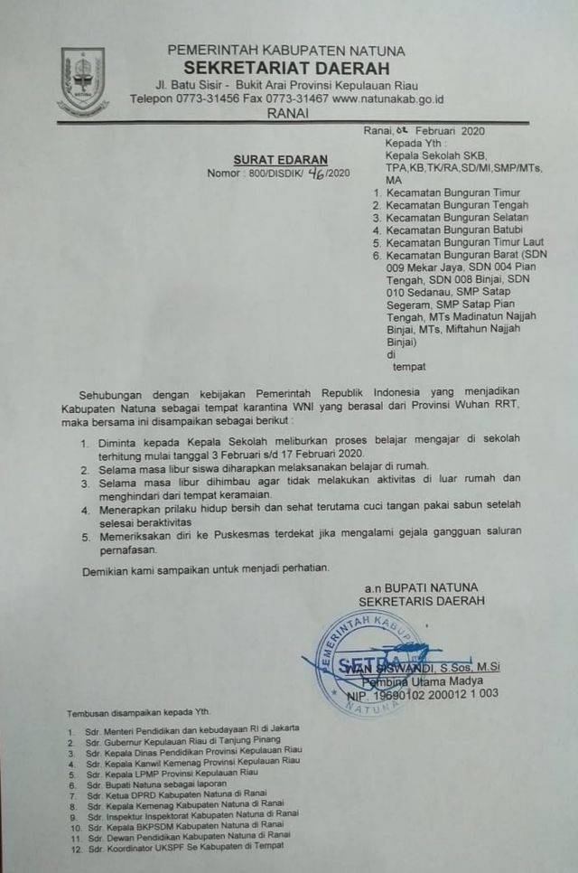 Pemkab Natuna Liburkan Sekolah Selama Observasi WNI dari Wuhan (67335)