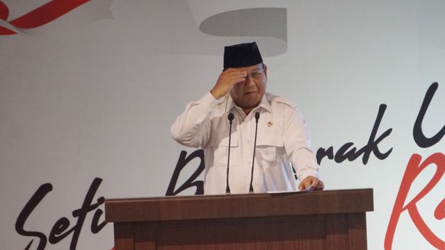 Ketua Umum Partai Gerindra Prabowo Subianto memberikan sambutan pada acara HUT ke-12 Partai Gerindra di Kantor DPP Partai Gerindra, Jakarta, Kamis (6/2). Foto: Jamal Ramadhan/kumparan 