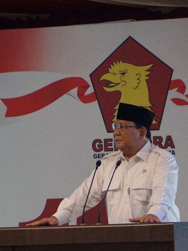 Ketua Umum Partai Gerindra Prabowo Subianto memberikan sambutan dalam acara HUT Gerindra ke-12 di DPP Gerindra, Jakarta, Kamis (6/2). Foto: Jamal Ramadhan/kumparan 