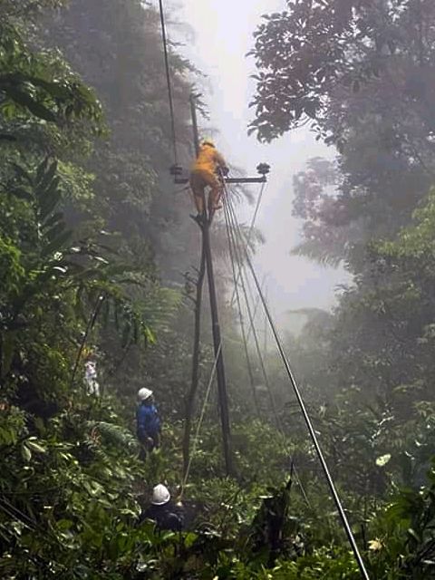 Perbaikan jaringan yang dilakukan di tengah hutan oleh petugas PLN ULP Tondano (foto: istimewa)