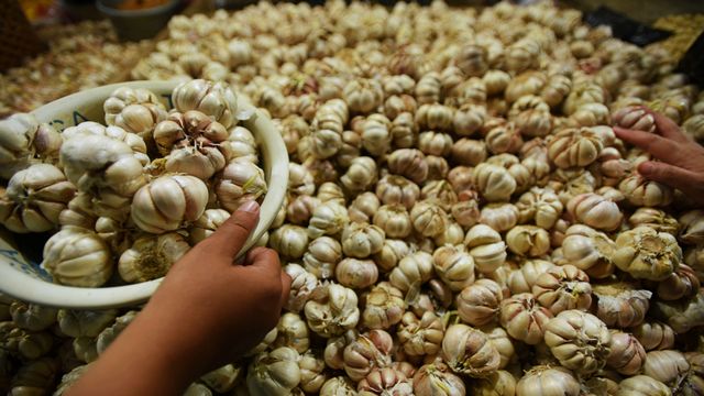 Bawang putih yang dijual di pasar. Foto: ANTARA FOTO/Asep Fathulrahman