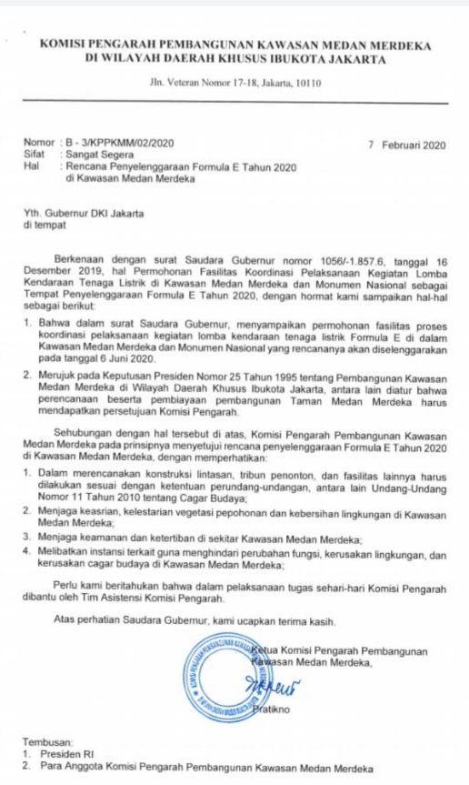 Surat Komisi Pengarah izinkan Monas untuk Formula E. Foto: Dok. Istimewa