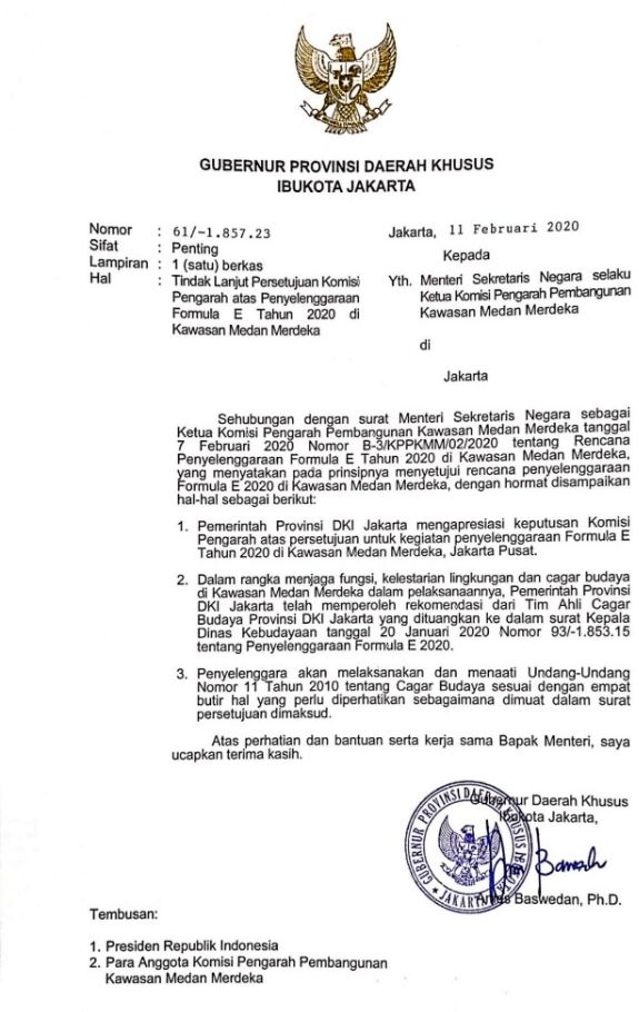 Surat Gubernur DKI Jakrta Anies Baswedan ke Komisi Pengarah Monas soal Formula E. Foto: Dok. Pemprov DKI