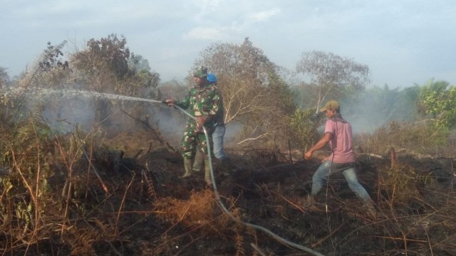 Petugas memadamkan api kebakaran lahan di kawasan Aceh Barat pada Juli 2019. Foto: Dok. BPBA
