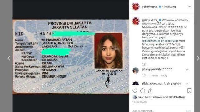 KTP Lucinta Luna alias Muhammad Fatah sebelum terdaftar sebagai wanita secara hukum. Foto: Instagram Gebby Vesta