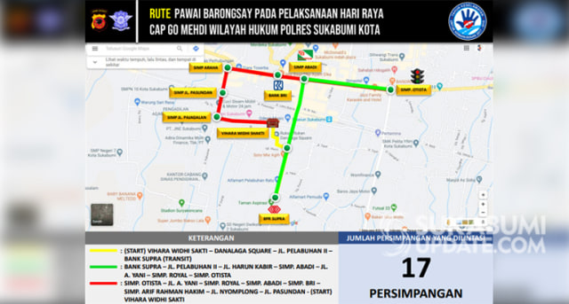 Peta rekayasa lalu lintas jelang Pawai Cap Go Meh 2020 di Kota Sukabumi, Jumat (14/2/2020). | Sumber Foto:Istimewa