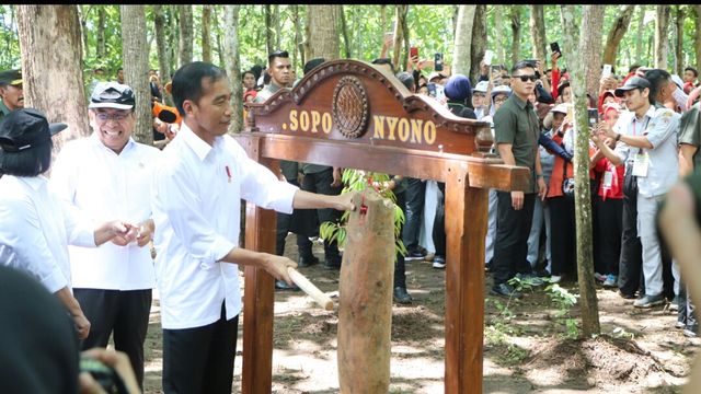 Presiden Jokowi memukul kentongan sebagai pertanda dimulainya penanaman rumput vetiver, porang, pete, dan juga durian dengan masyarakat setempat. (Fernando Fitusia)