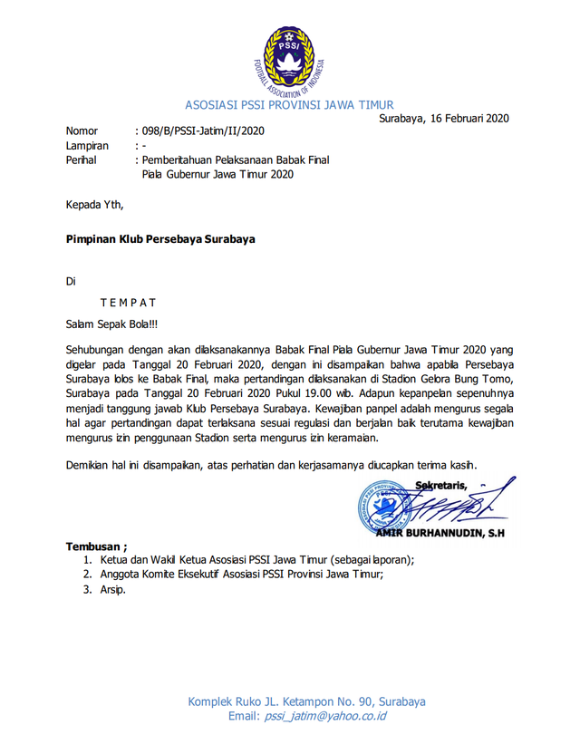 Surat Keputusan Asprov PSSI Jawa Timur terkait final Piala G