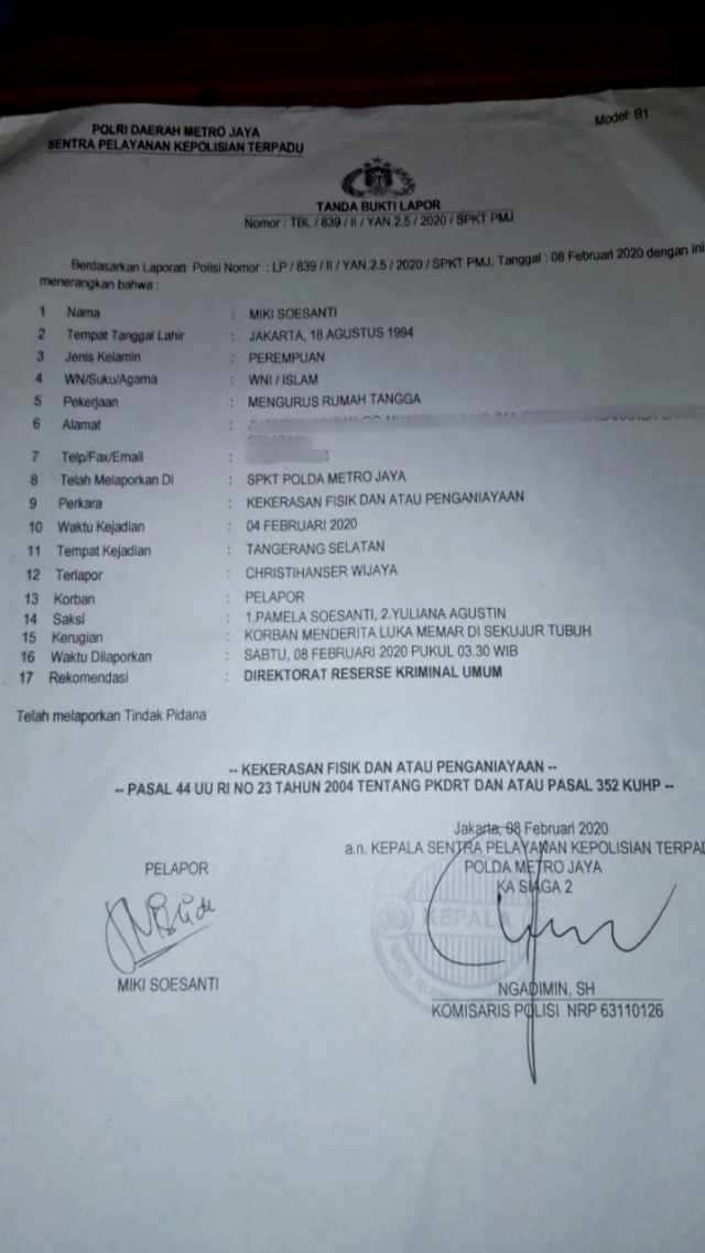 PTR- Laporan polisi KDRT Christian Hansen Wijaya