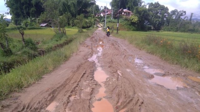 Kondisi jalan menuju Desa Tondok Bakaru becek dan berlumpur. Foto: Frendy/sulbarkini