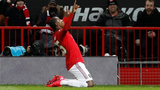 Odion Ighalo merayakan gol perdananya buat Manchester United. Foto: Phil Noble/REUTERS