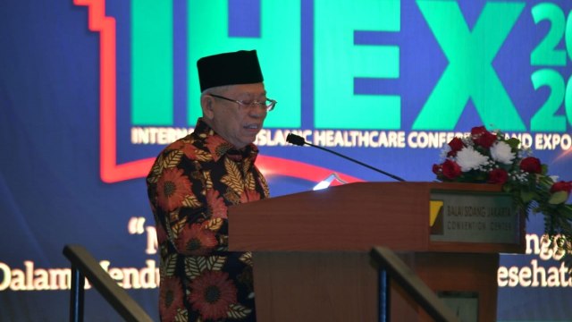 Wakil Presiden RI, KH Ma'ruf Amin memberikan sambutan di acara 3rd International Islamic Healthcare, Conference and Expo (IHEX) 2020. Foto: Dok. Setwapres