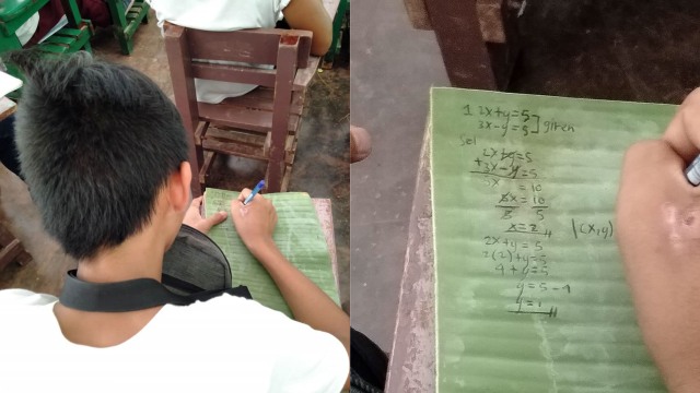 Pelajar di Filipina bernama Erlande Monter mencatat pelajaran di daun pisang karena tak sanggup membeli buku tulis. Foto: Facebook/Arcilyn Balbin Azarcon Lpt