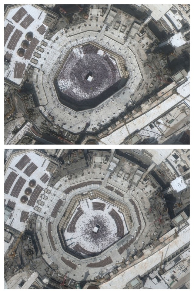 Foto satelit kerumunan besar yang mengelilingi Ka'bah di Masjidil Haram, Makkah pada 14 Februari 2020 (atas), dan 3 Maret setelah penangguhan umrah diberlakukan untuk mencegah penyebaran virus corona. Foto: Maxar Technologies/Handout via REUTERS