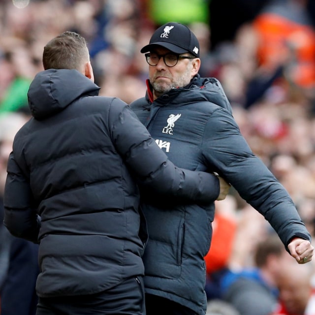 Pelatih Liverpool, Juergen Klopp, senang bukan kepalang. Foto: REUTERS/Phil Noble 