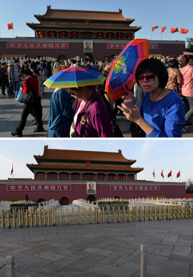 Foto kolase suasana di Lapangan Tiananmen di Beijing pada 29 April 2013 (atas) dan pada 7 Maret 2020.. Foto: Greg Baker, Mark RALSTON / AFP