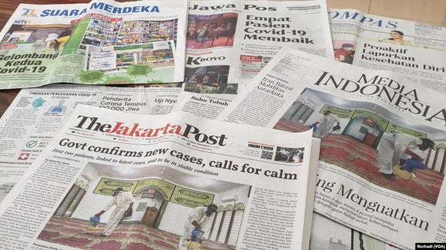 Virus Corona masih menjadi berita utama sejumlah media di Indonesia edisi Minggu, 8 Maret 2020. (Foto:VOA/ Nurhadi)