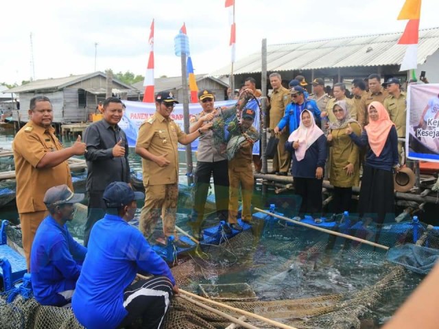 Bupati Bintan Apri Sujadi dan Kapolres Bintan saat ikut hadir dalam panen Kerapu Cantang. Foto: Istimewa