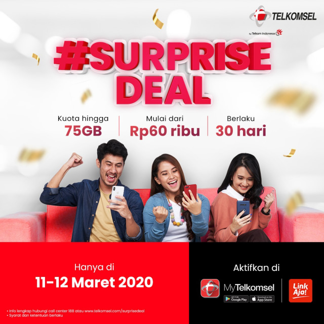 Selama 11-12 Maret 2020, Telkomsel menggelar promo Surprise Deal. Jual paket data 75 GB dengan harga mulai Rp 60.000. Foto: Telkomsel