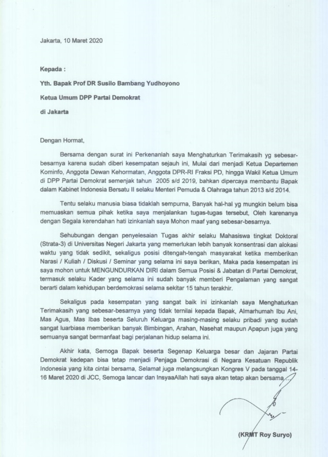 Surat pengunduran diri Roy Suryo dari Demokra