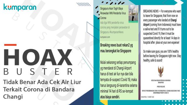 Hoaxbuster: Tak Benar Ada Cek Air Liur Terkait Corona di Bandara Changi. Foto: Dok. Istimewa