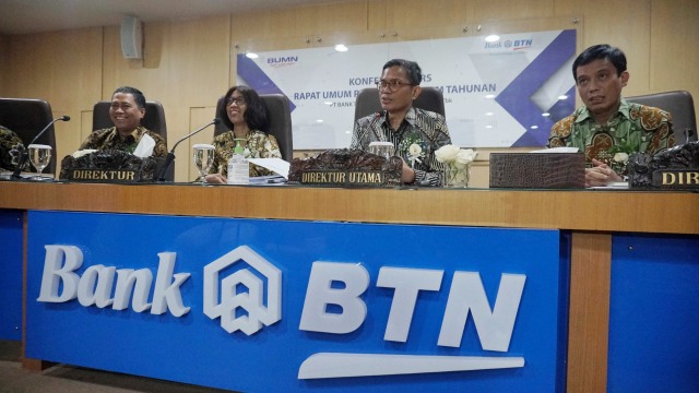 Direktur utama Bank BTN Pahala N. Mansury saat konferensi pers Rapat Umum Pemegang Saham tahunan PT Bank Tabungan Negara (Persero) Tbk di Tower BTN, Jakarta. Foto: Irfan Adi Saputra/kumparan