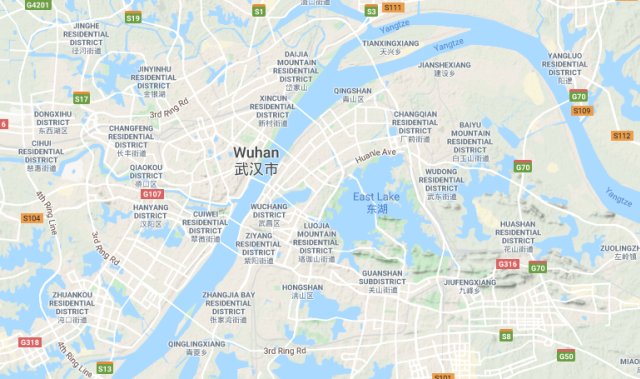 Peta kota Wuhan, Hubei dan Sekitarnya dengan kondisi dilewati Sungai Yangtze, Sungai Han serta Danau-Danau di sekitarnya (Image Google maps)