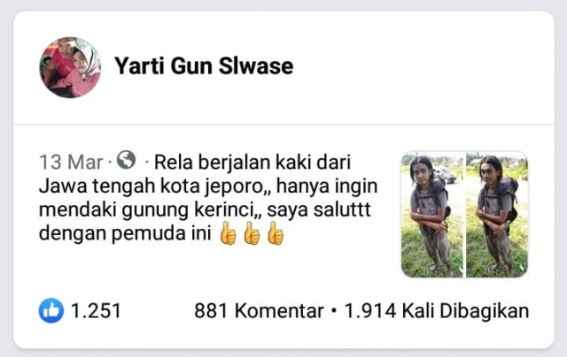 Pemuda Jepara Jalan Kaki 6 Bulan dari Jateng ke Jambi demi Taklukkan 10 Gunung (286054)