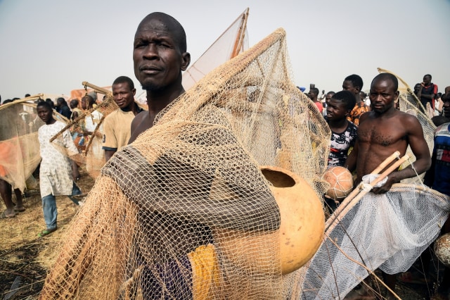 Para peserta membawa peralatan menangkap ikan dalam festival Argungu, di Kota Argungu, Negara Bagian Kebbi, Nigeria, 14 Maret 2020. Foto: AFP/PIUS UTOMI EKPEI