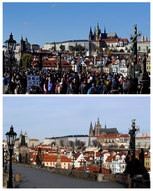 Foto kombinasi Jembatan Charles abad pertengahan sebelum dan sesudah wabah virus corona di Praha, Republik Ceko Foto: REUTERS / David W Cerny