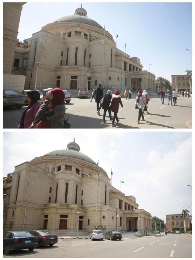 Foto kombinasi menunjukkan para siswa berjalan melewati sebuah gedung di Universitas Kairo sebelum dan sesudah wabah virus corona di Kairo, Mesir. Foto: REUTERS / Shokry Hussien