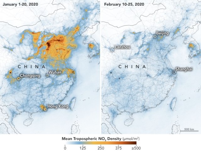 Beda kadar polusi di China sebelum dan sesudah pandemi virus corona. Foto: Dok. Joshua Stevens/Copernicus Sentinel 5P/ESA