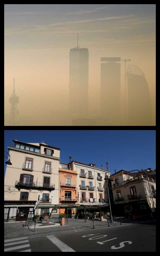 Perbedaan kondisi polusi udara sebelum adanya wabah virus corona (atas) dan kondisi langit yang cerah selama wabah virus corona di Italia. Foto: REUTERS/Ciro De Luca dan REUTERS/Flavio Lo Scalzo