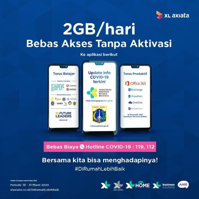 Kuota 2 GB per hari dari XL Axiata untuk dukung berkegiatan di rumah. Foto: Facebook/myXLCare