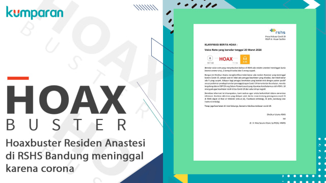 Hoaxbuster Residen Anastesi di RSHS Bandung meninggal karena corona. Foto: Dok. RSHS Bandung