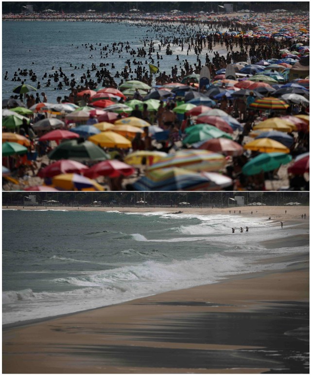 Foto perbandingan suasana di pantai Ipanema di Rio de Janeiro, Brasil, Minggu (15/3) (atas) dan Minggu (22/3) (bawah). Foto: REUTERS / Ricardo Moraes