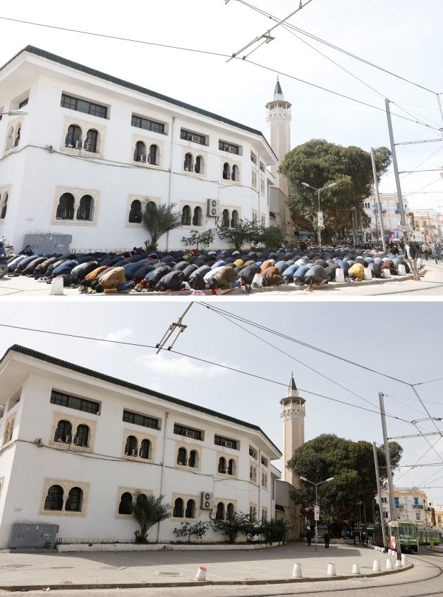Foto kombinasi warga ibadah di luar masjid saat sholat Jumat (13/3) dan pemandangan sepi ibadah shalat Jumat untuk pencegahan penyebaran virus corona di Tunisia Foto: REUTERS / Zoubeir Souissi