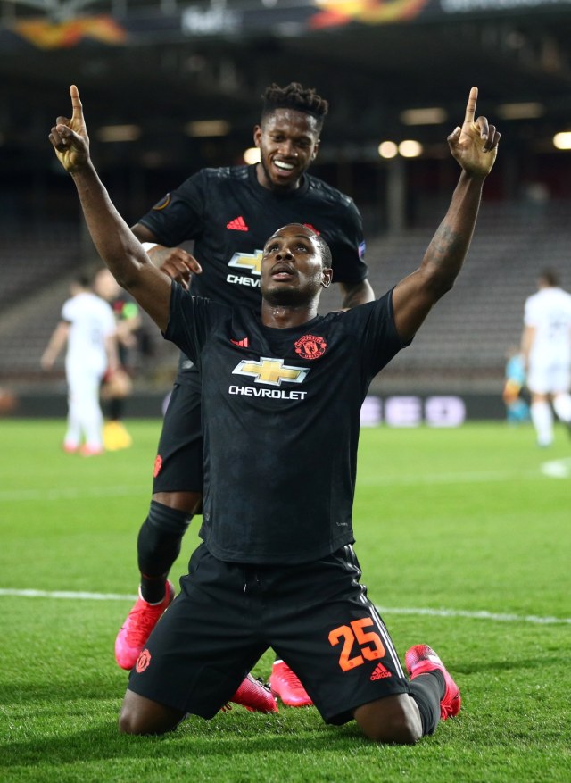 Striker Man United, Odion Ighalo, merayakan gol ke gawang LASK di Liga Europa. Foto: Reuters/Lisi Niesner