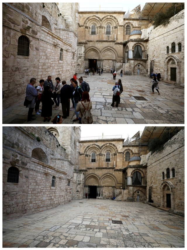 Foto kombo suasana di Gereja Makam Kudus di kawasan Kota Tua Yerusalem sebelum dan sesudah ditutup. Foto: REUTERS/Ammar Awad