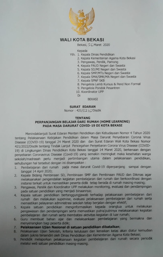 Surat Edaran Wali Kota Bekasi mengenai masa perpanjangan
