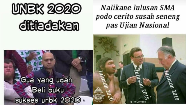 Meme kocak soal ditiadakannya Ujian Nasional 2020. (Foto: kolase Instgram @humorclub.id dan Twitter @Hidayat35265889)