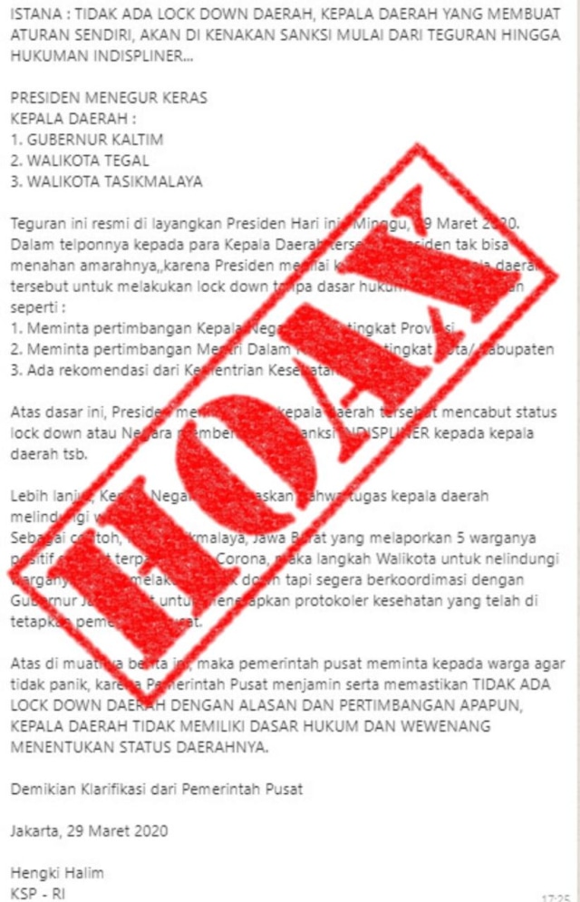 Hoaks sanksi bagi pemda yang menerapkan kebijakan lockdown Foto: Dok. Istimewa