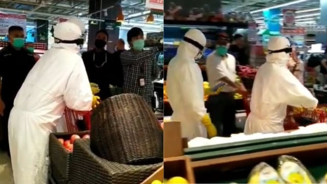 Dua pengunjung supermarket di daerah Jakarta Selatan ditegur karena kenakan APD saat belanja. Foto: tangkapan layar Instagram/@lambe_turah
